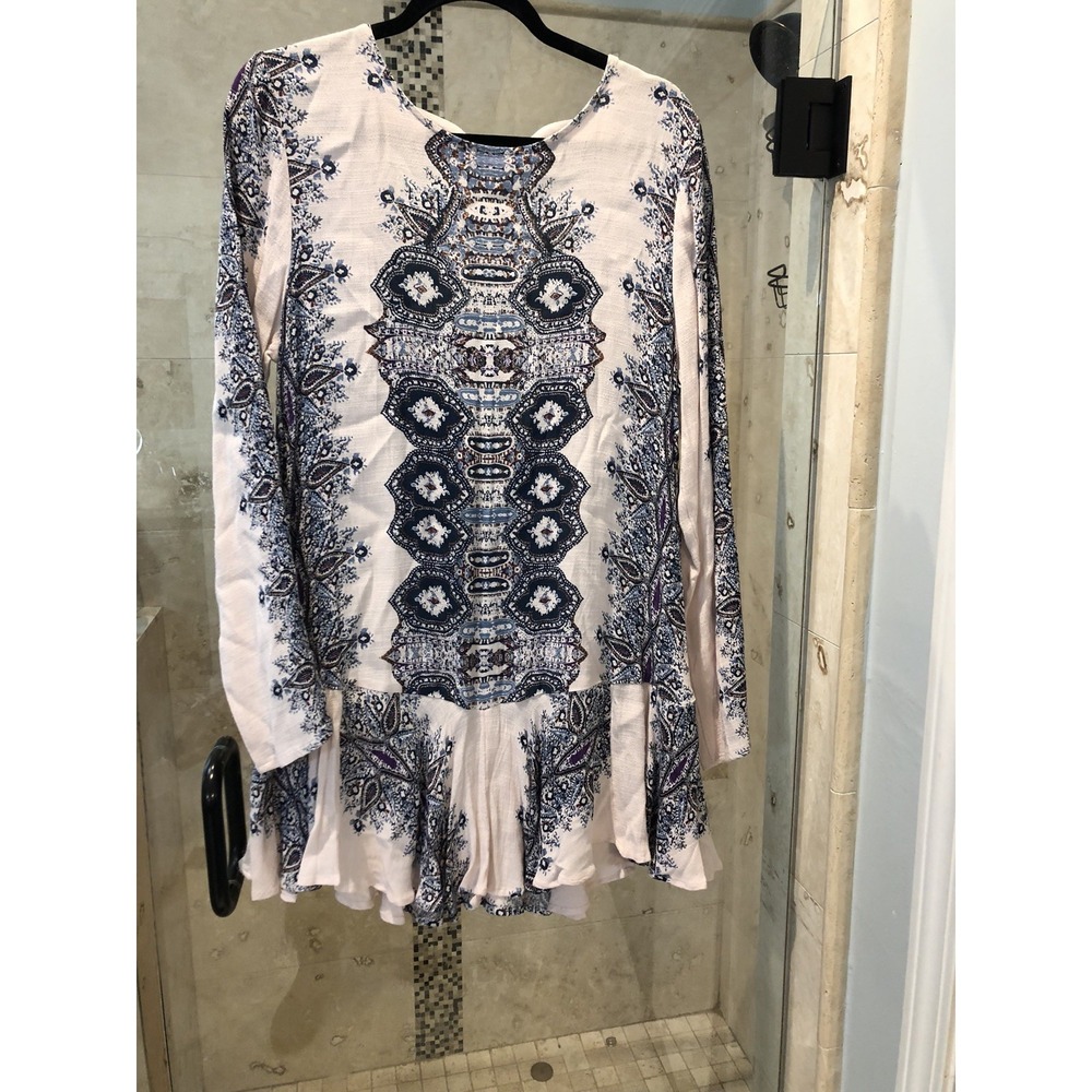 Free People Womens M Aztec Print Tunic Blouse Low Back Ruffle Beige Blue Long Sl